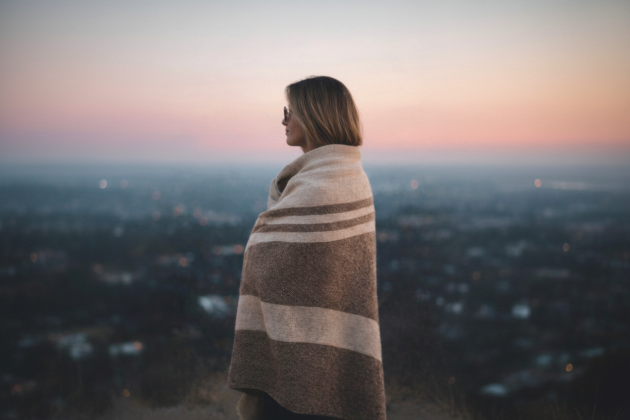 Model wrapped in striped alpaca blanket